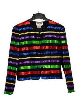 Maggie London Petite Striped Satin Ribbon Jacket Black With Vibrant Multicolor S